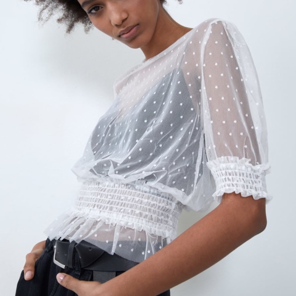 🌞NWT Zara Semi Sheer Polka Dot White Top M - Picture 2 of 7